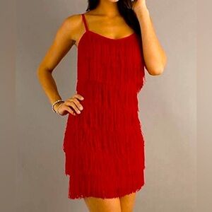 Morgan and Co Elegant Red Fringe Flapper Dress Size 13/14 Great Gatsby Party Fun